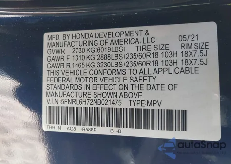 2022 Honda Odyssey Ex-L from USA, damaged, VIN 5FNRL6H72NB021475